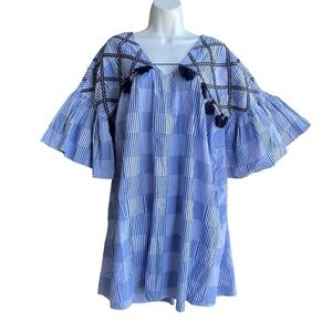 Anthropologie MAEVE Tatum Boho Dress Embroidered Tassel Mixed Plaid Tunic Size M